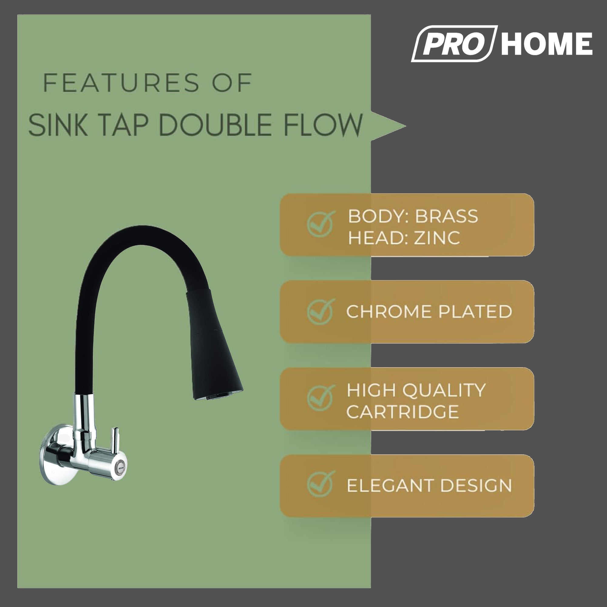 ProHome Brass Sink Tap with 360° Flexible Black Silicone Neck | Dual Flow Hot & Cold Water Tap with Wall Flange (Wall Mount)