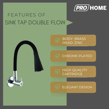 ProHome Brass Sink Tap with 360° Flexible Black Silicone Neck | Dual Flow Hot & Cold Water Tap with Wall Flange (Wall Mount)