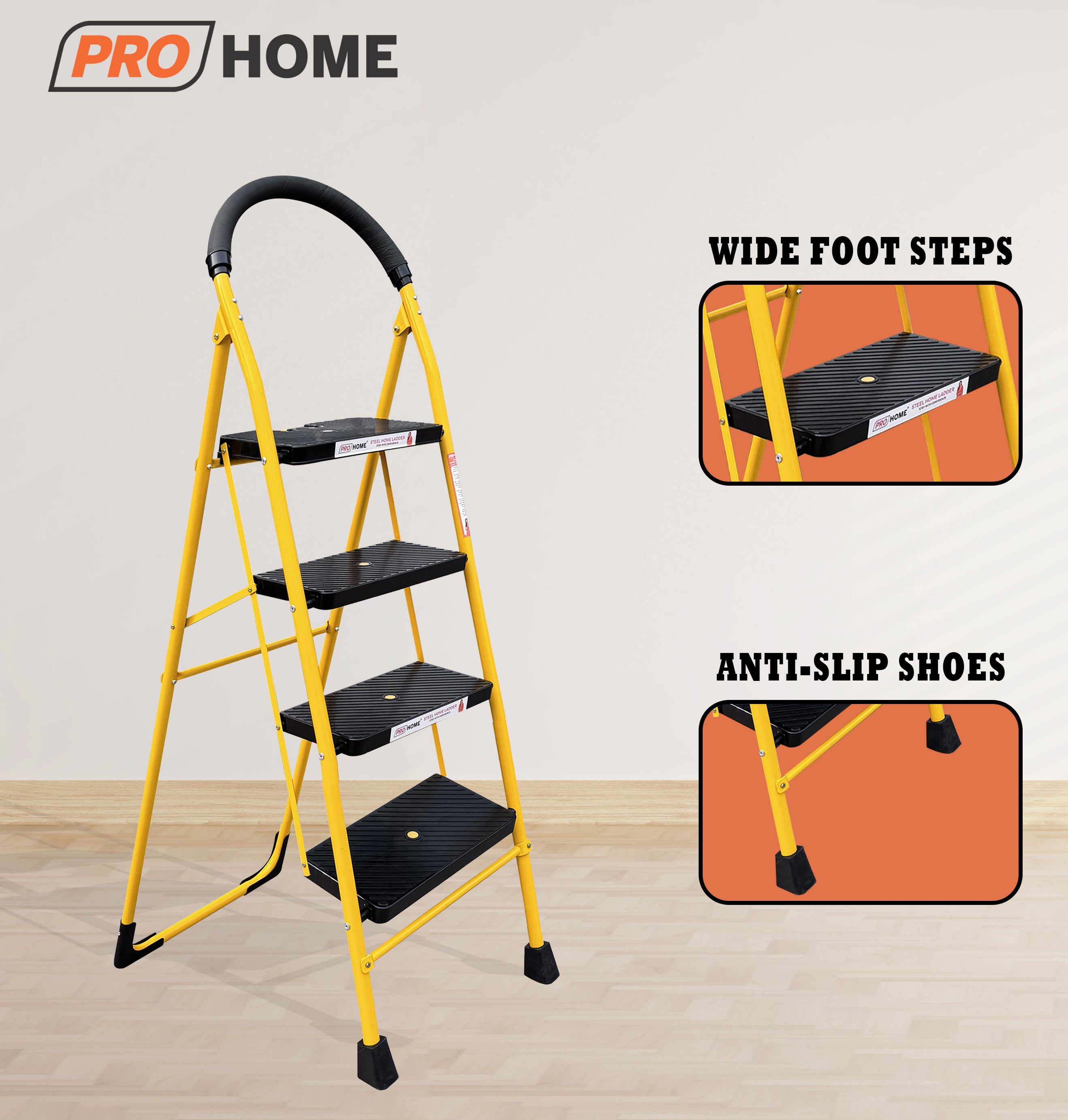 Eco 4 Step Steel Ladder Anti Skid shoes Steel Ladder (Yellow)