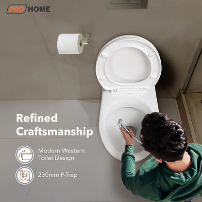 ProHome Wall-Mounted Ceramic Commode – Glossy White, Soft Close Seat, Premium Design