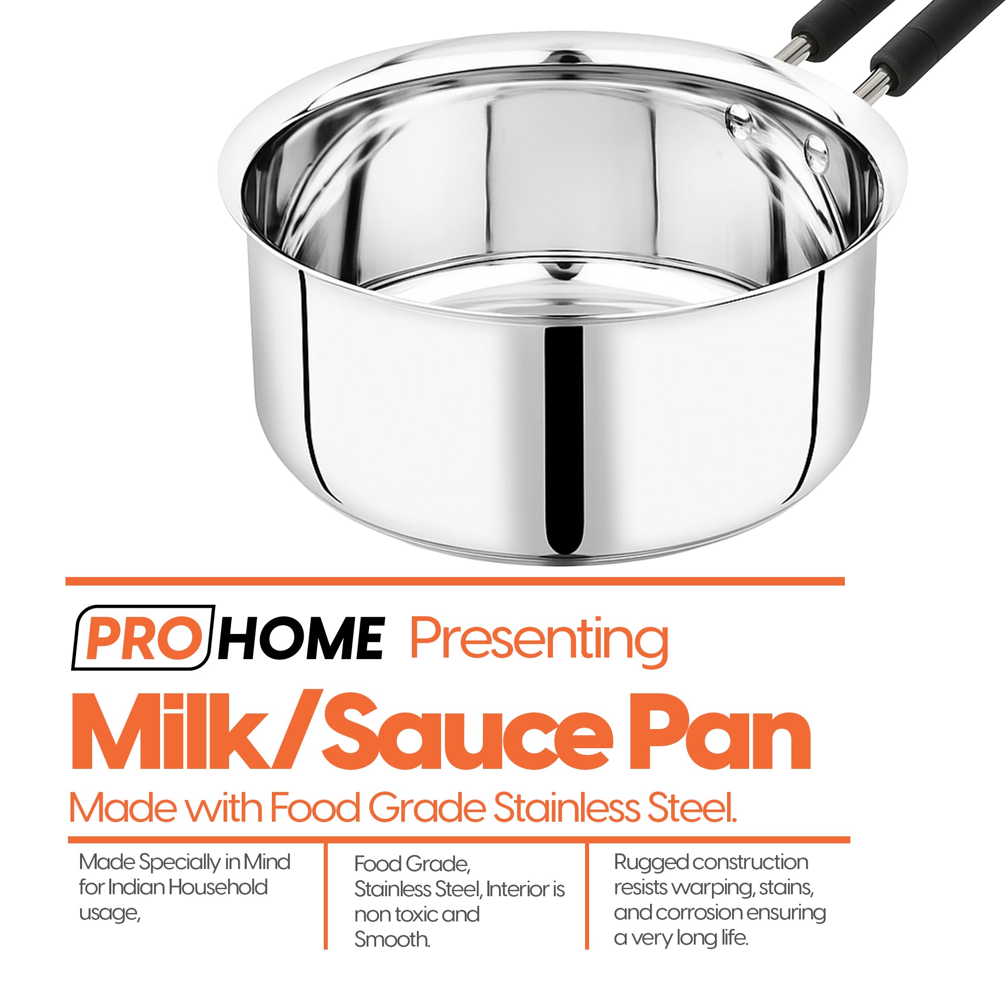 ProHome 1.6 L Stainless Steel Milk & Tea Pan | 16 cm | Double Handle | Induction Base | Mirror Finish