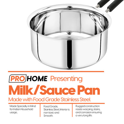 ProHome 1.6 L Stainless Steel Milk & Tea Pan | 16 cm | Double Handle | Induction Base | Mirror Finish