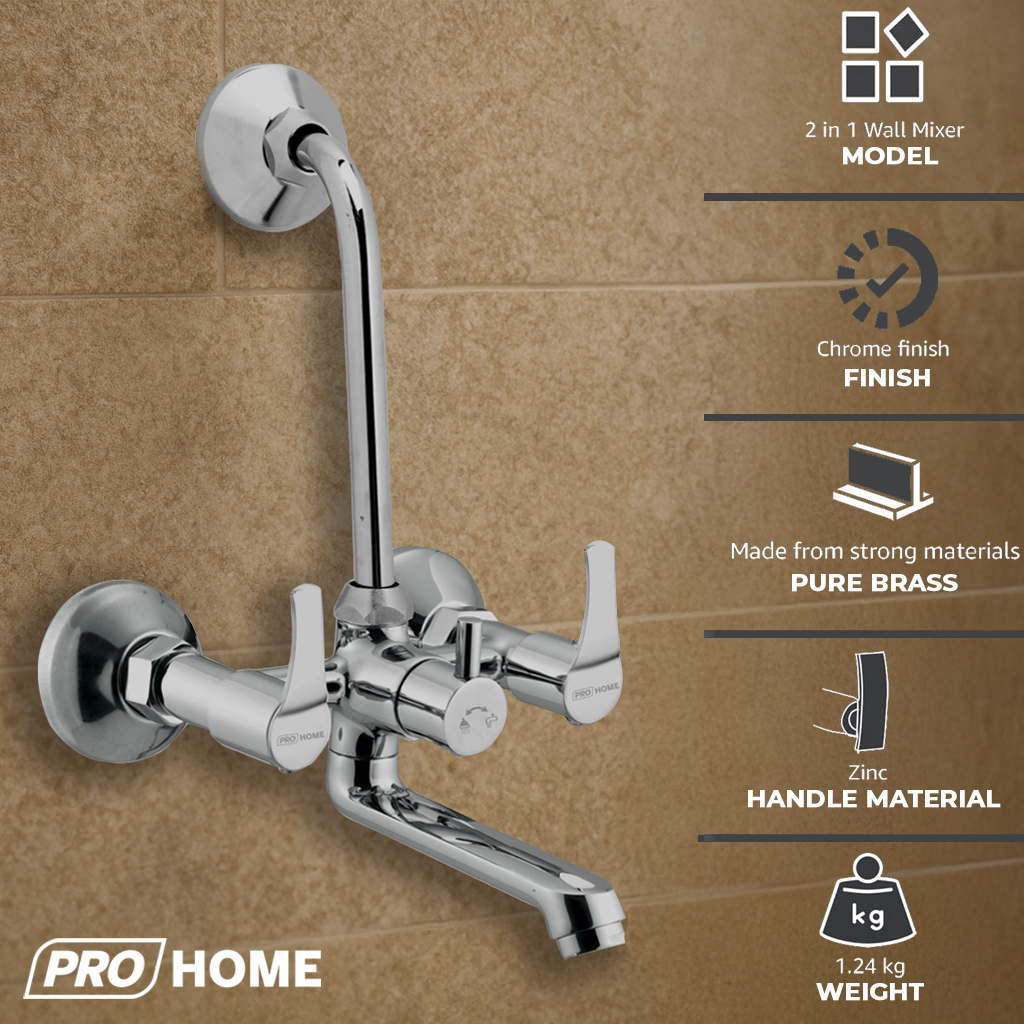 Benelave by Prohome Brass Wall Mixer for Bathroom | Chrome Finish Faucet with Stainless Steel L-Bend Pipe Overhead Shower, Hot & Cold Water Control, Durable Stylish Bath Fittings