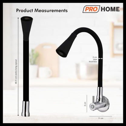ProHome Brass Sink Tap with 360° Flexible Black Silicone Neck | Dual Flow Hot & Cold Water Tap with Wall Flange (Wall Mount)