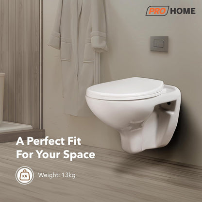 ProHome Wall-Mounted Ceramic Commode – Glossy White, Soft Close Seat, Premium Design