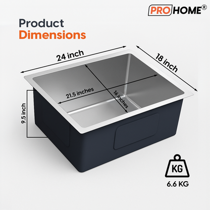 ProHome Single Bowl Handmade Kitchen Sink with Basket – 24"x18"x10" Satin Finish, Top Mount