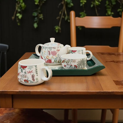 ProHome Floral Ceramic Tea Set – Pack of 4 with Tray | Kettle, 2 Cups & Bowl (Multicolor)