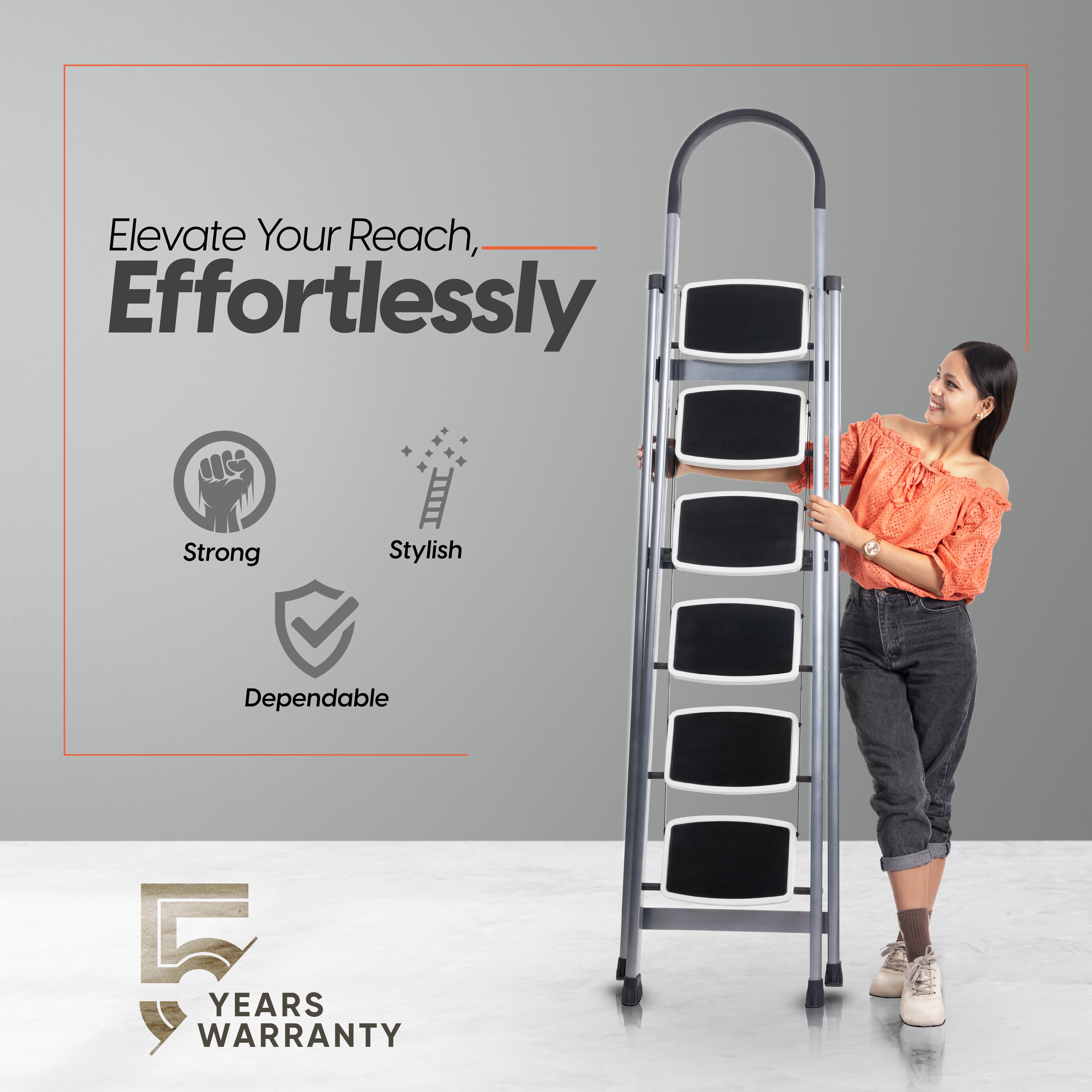 Premium Vetro 6 Step Foldable Steel Ladder (Grey)