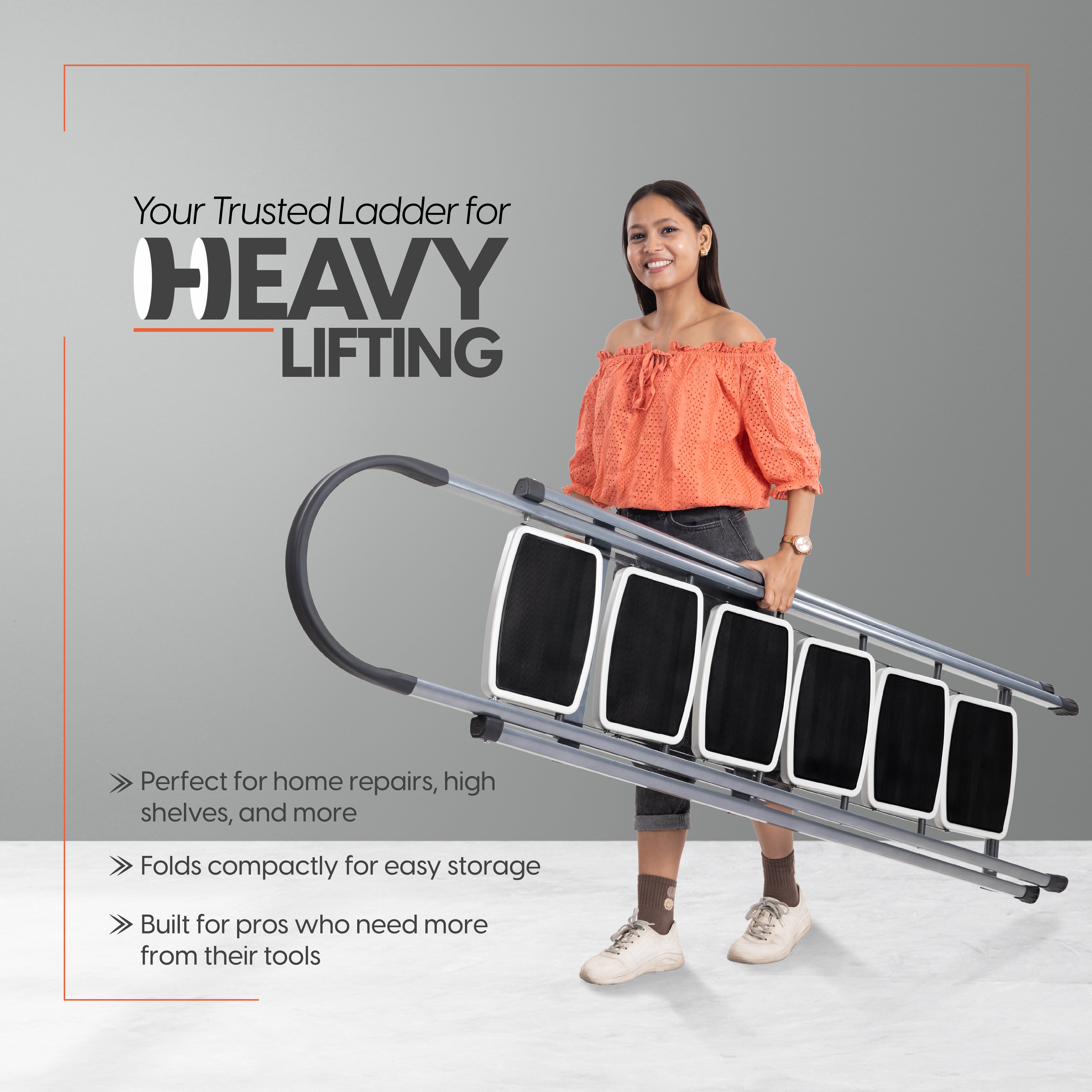 Premium Vetro 6 Step Foldable Steel Ladder (Grey)