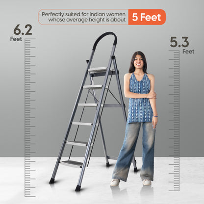 Premium Vetro 6 Step Foldable Steel Ladder (Grey)