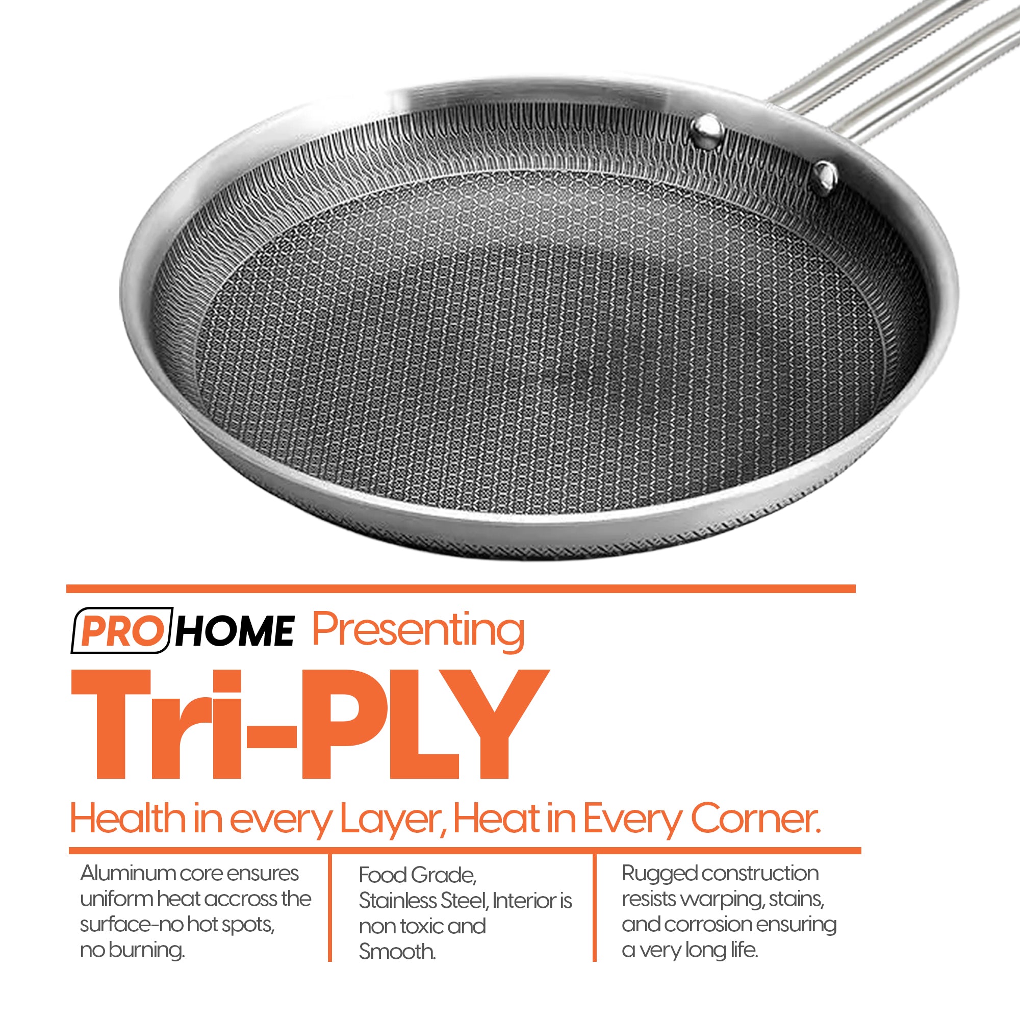 ProHome Spark Triply Stainless Steel Fry Pan 20 cm | Honeycomb Non-Stick | 1L