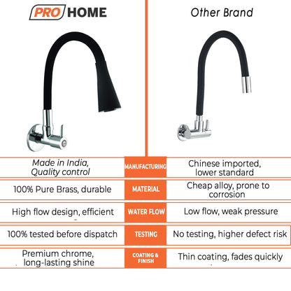 ProHome Brass Sink Tap with 360° Flexible Black Silicone Neck | Dual Flow Hot & Cold Water Tap with Wall Flange (Wall Mount)