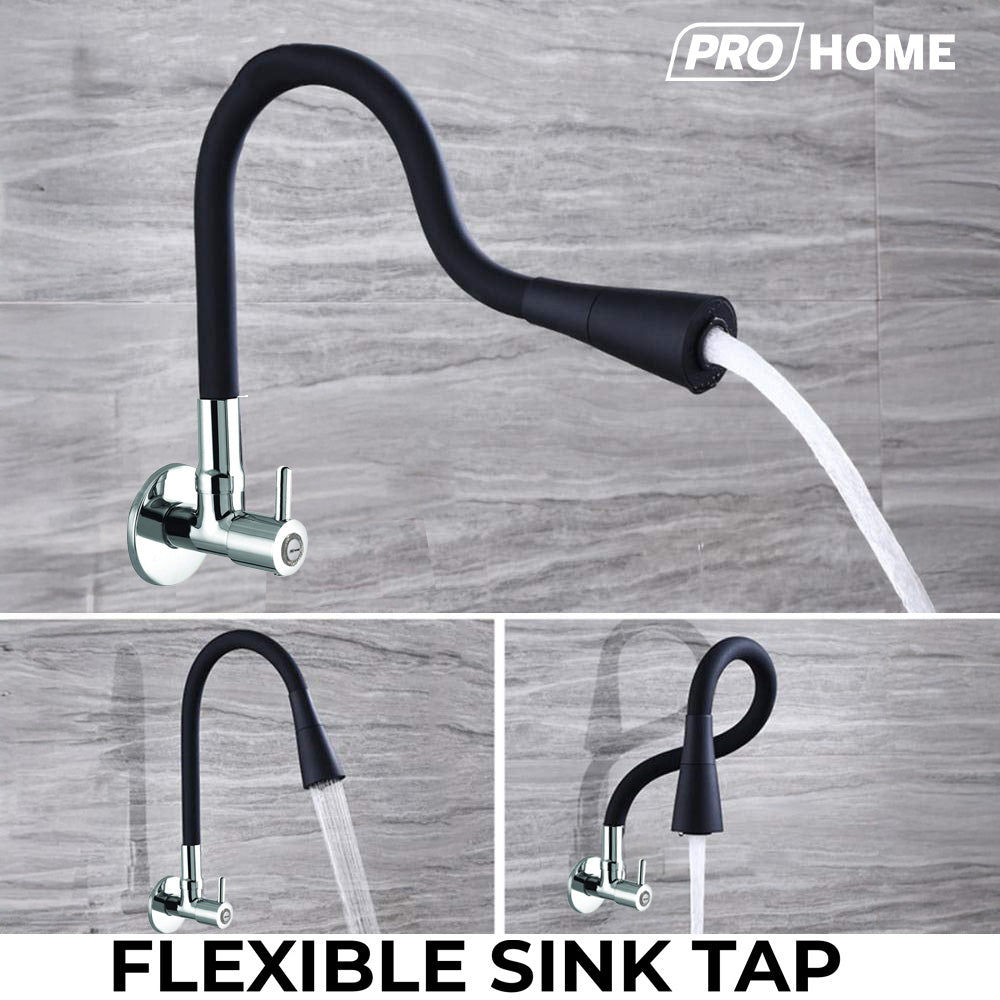 ProHome Brass Sink Tap with 360° Flexible Black Silicone Neck | Dual Flow Hot & Cold Water Tap with Wall Flange (Wall Mount)