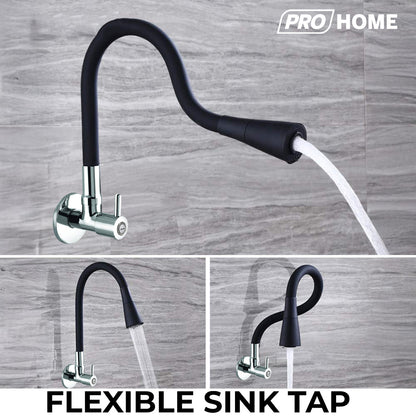 ProHome Brass Sink Tap with 360° Flexible Black Silicone Neck | Dual Flow Hot & Cold Water Tap with Wall Flange (Wall Mount)