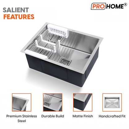 ProHome Single Bowl Handmade Kitchen Sink with Basket – 24"x18"x10" Satin Finish, Top Mount
