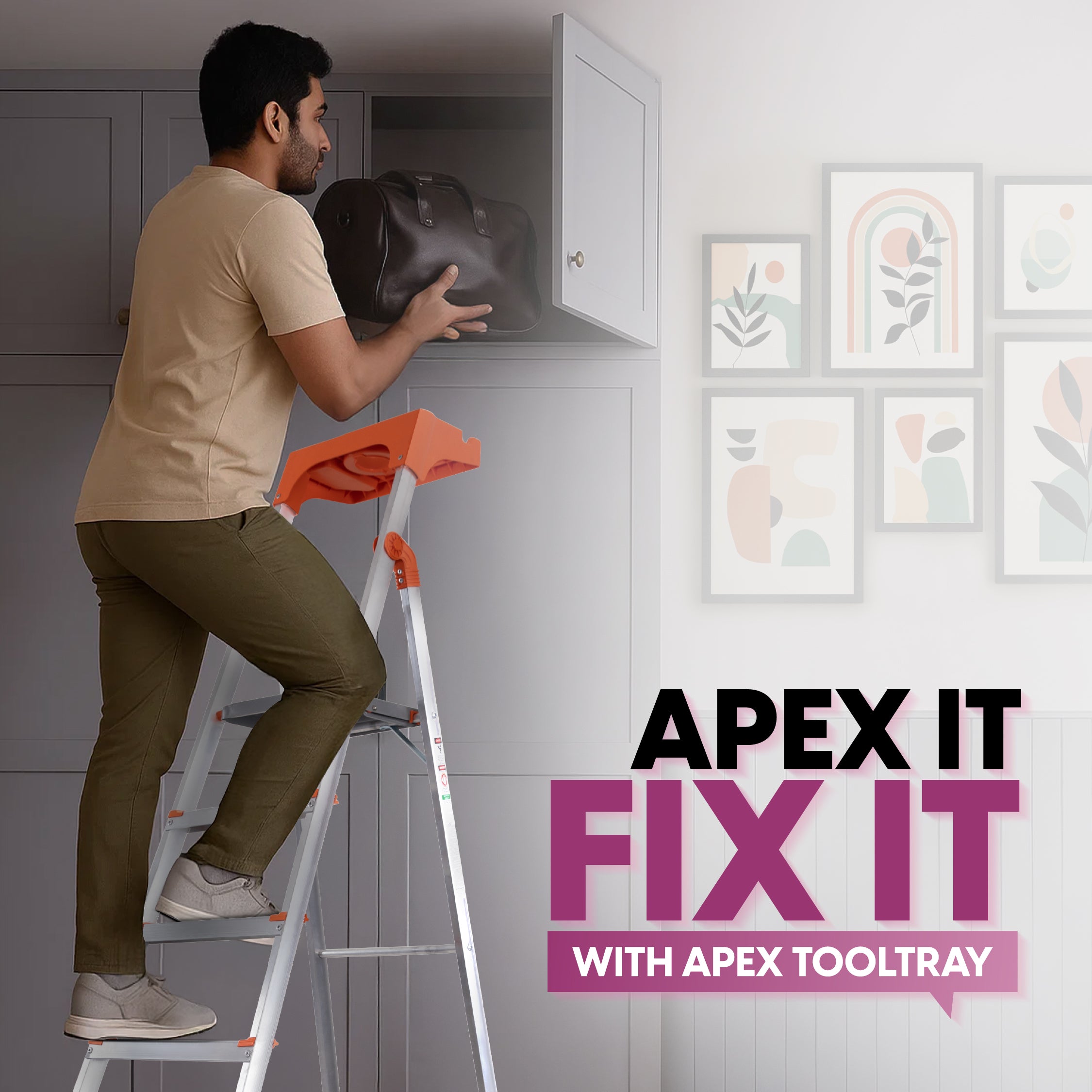 Apex 8 Step Heavy-Duty Foldable Ladder with Tool Tray & 5 Anti-Slip Shoes.