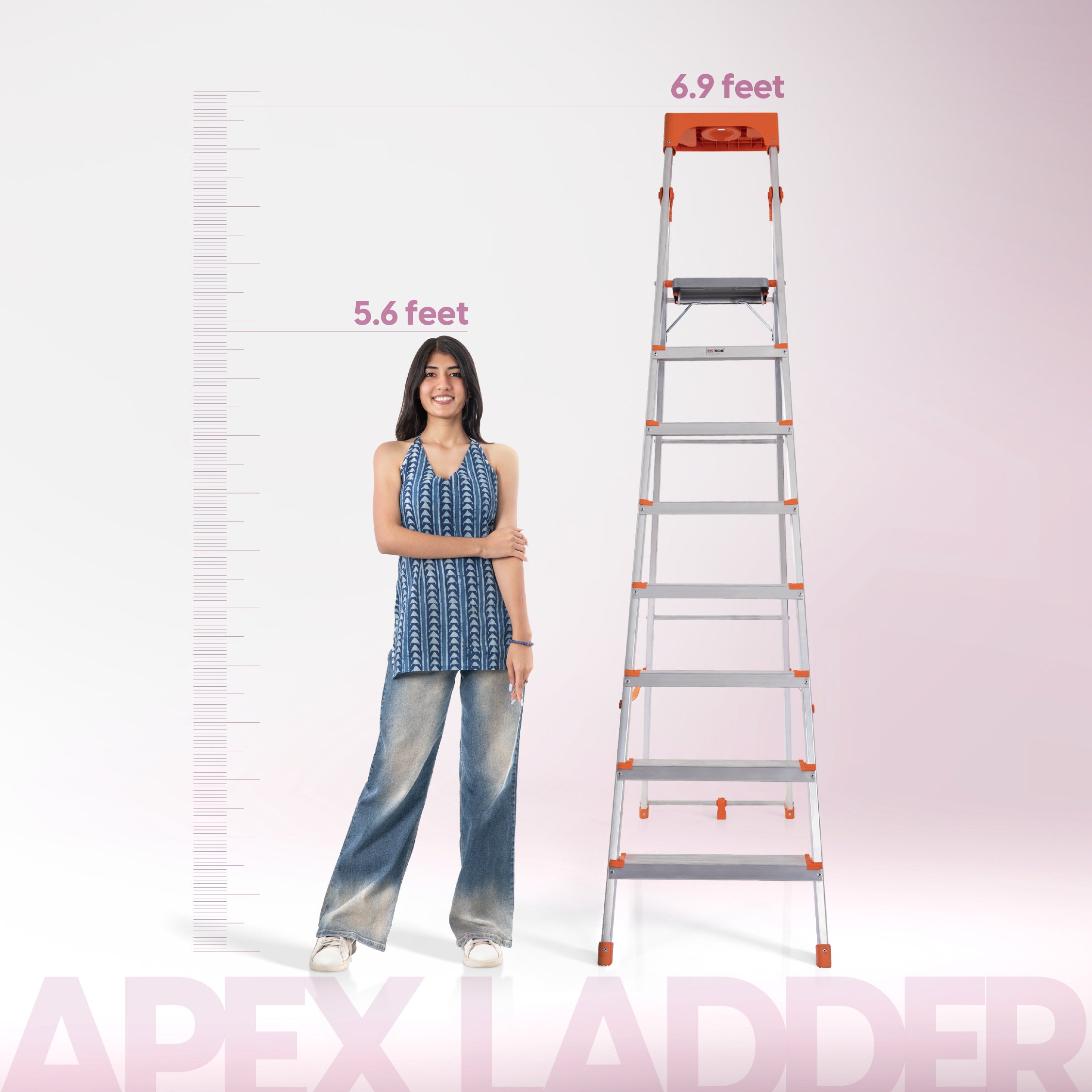 Apex 8 Step Heavy-Duty Foldable Ladder with Tool Tray & 5 Anti-Slip Shoes.