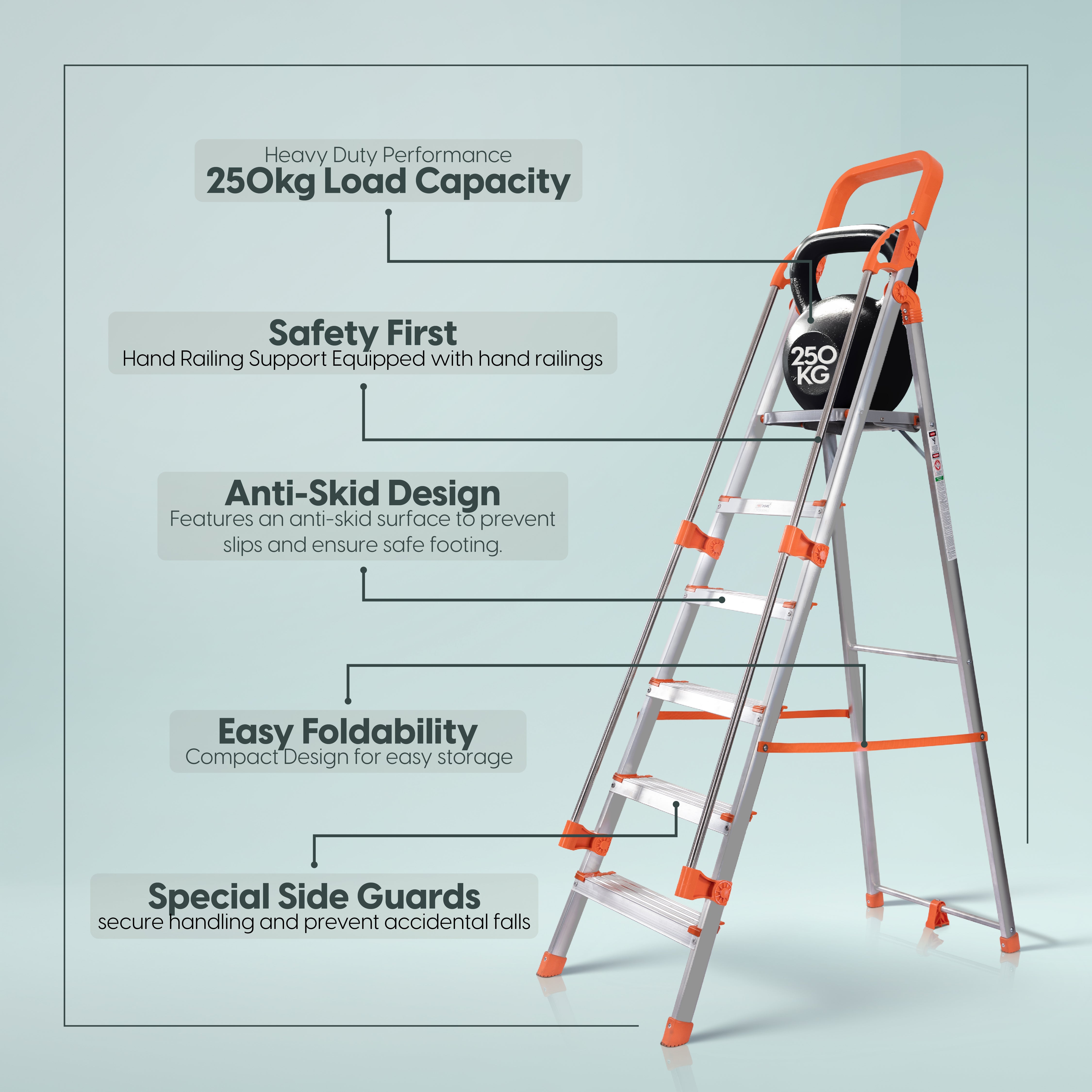 Hand Railing 6 Steps Aluminium Ladder with 5 Anti Slip Shoes (With Platform)