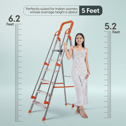 Hand Railing 6 Steps Aluminium Ladder with 5 Anti Slip Shoes (With Platform)