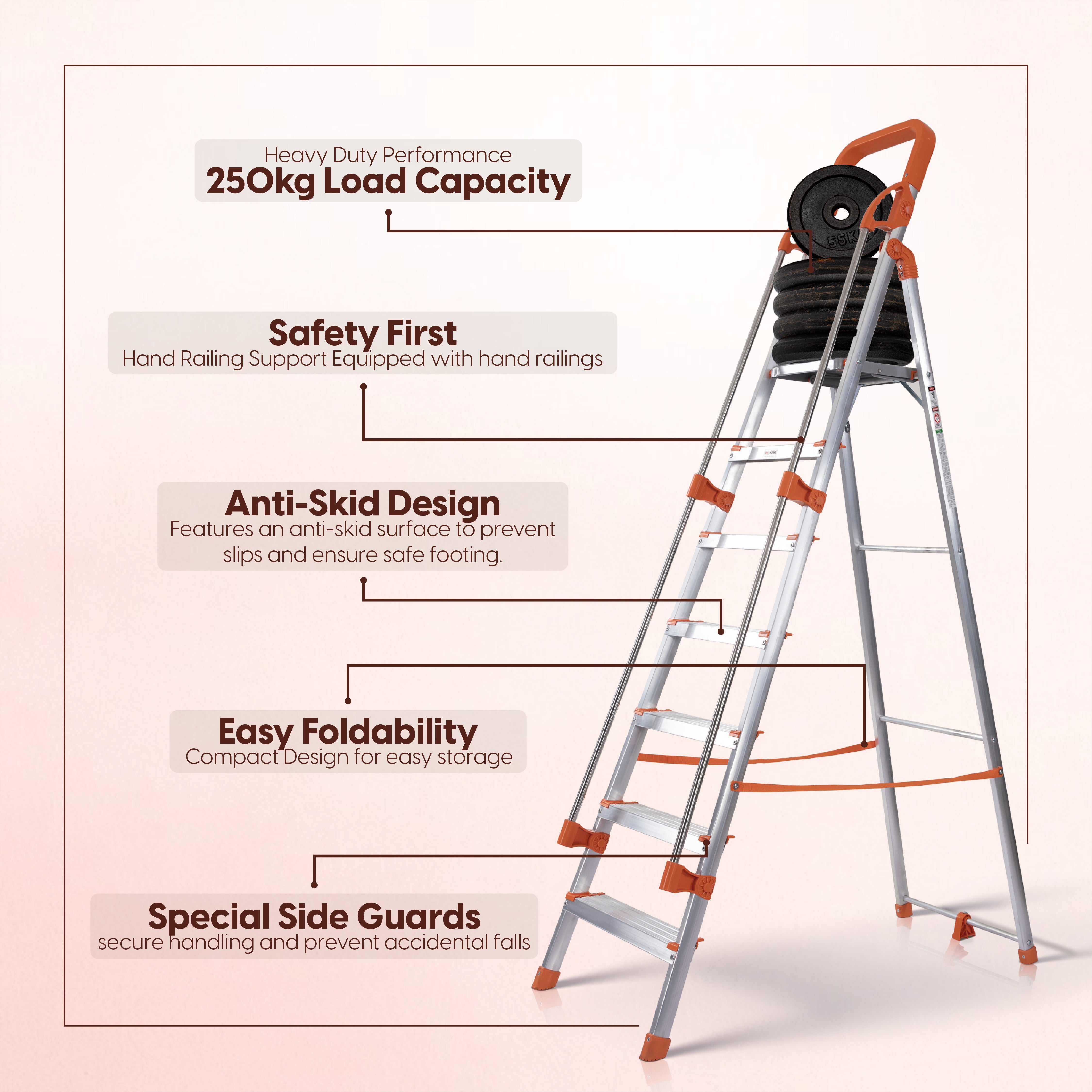 Hand Railing 7 Steps Aluminium Ladder with 5 Anti Slip Shoes (With Platform)