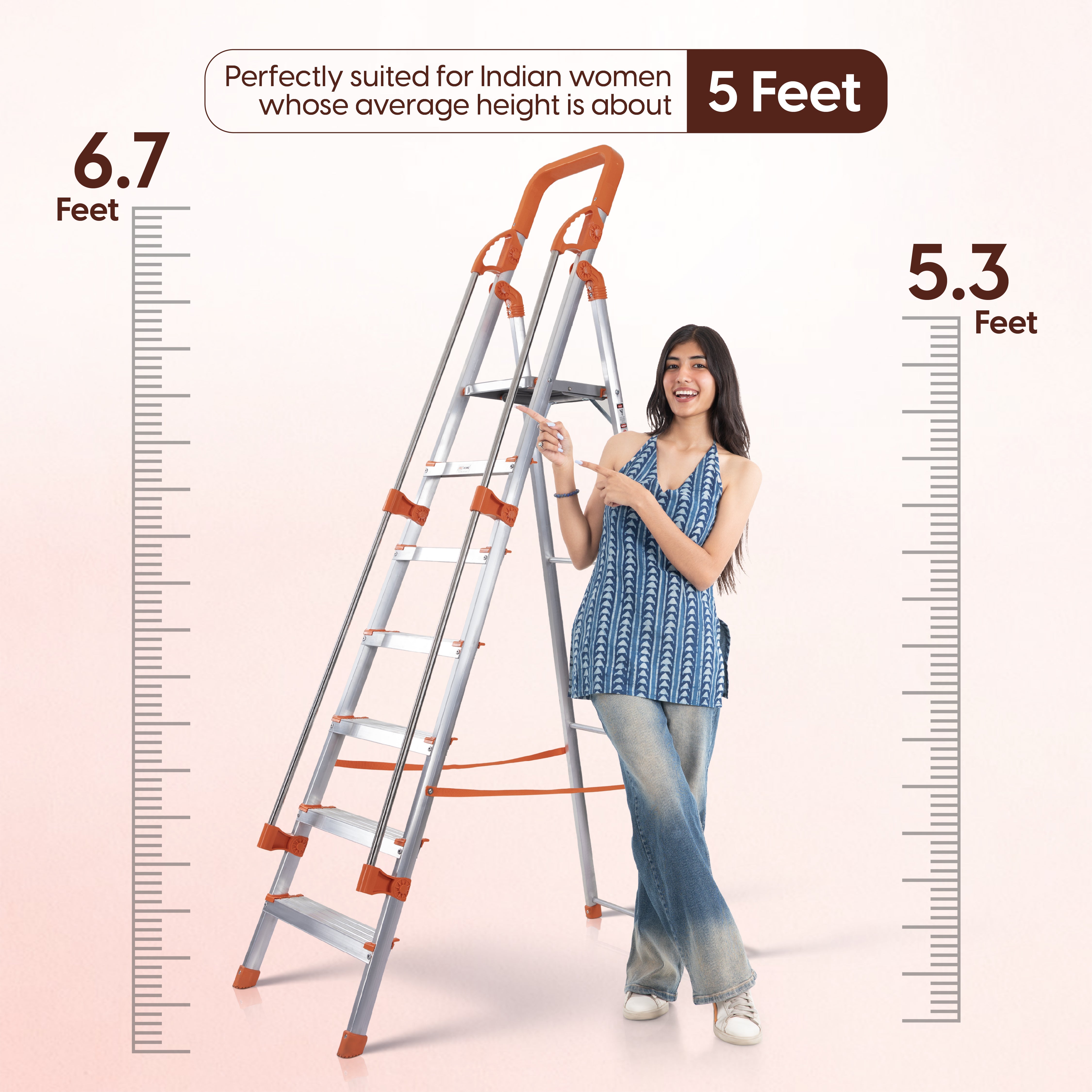 Hand Railing 7 Steps Aluminium Ladder with 5 Anti Slip Shoes (With Platform)