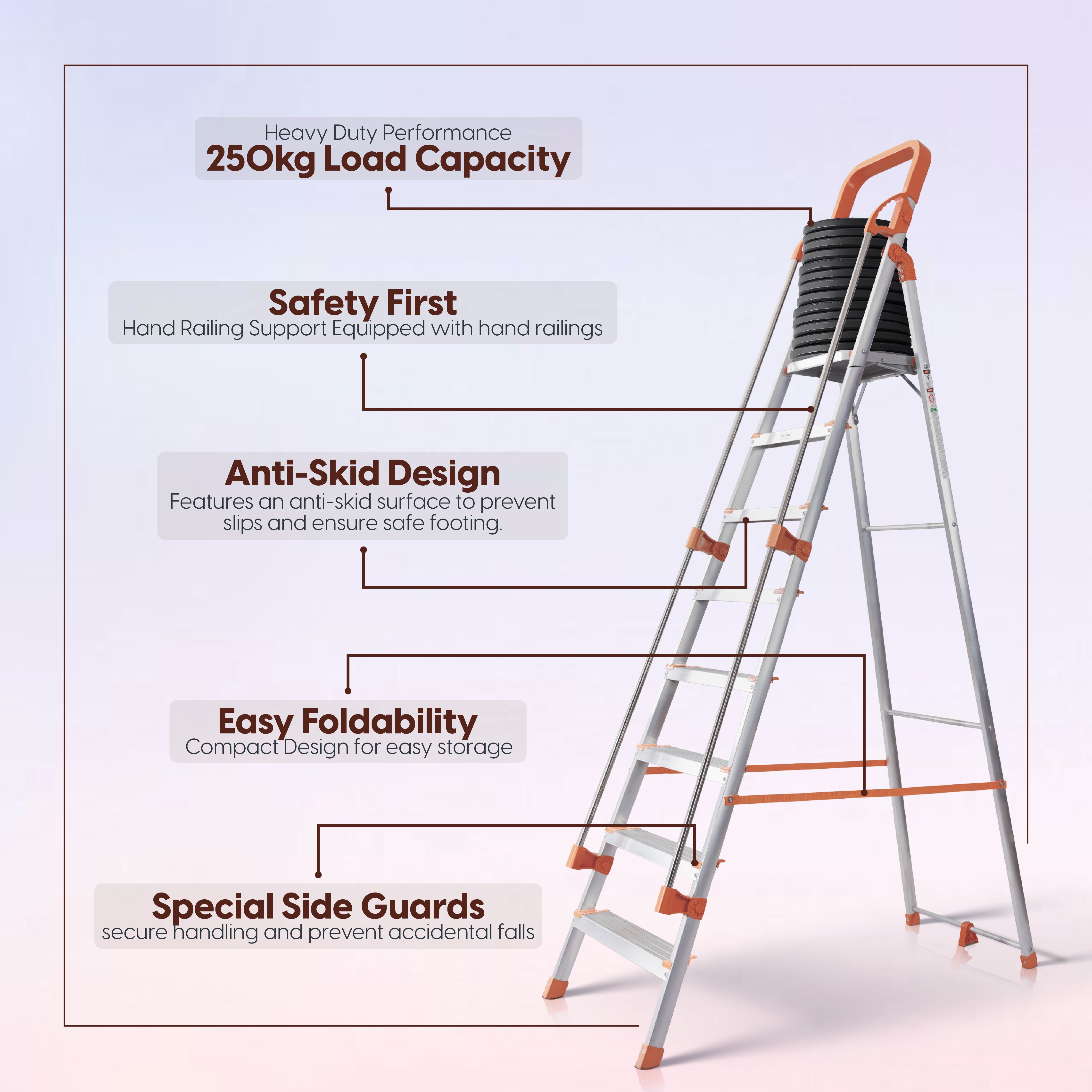 Hand Railing 8 Steps Aluminium Ladder with 5 Anti Slip Shoes (With Platform)