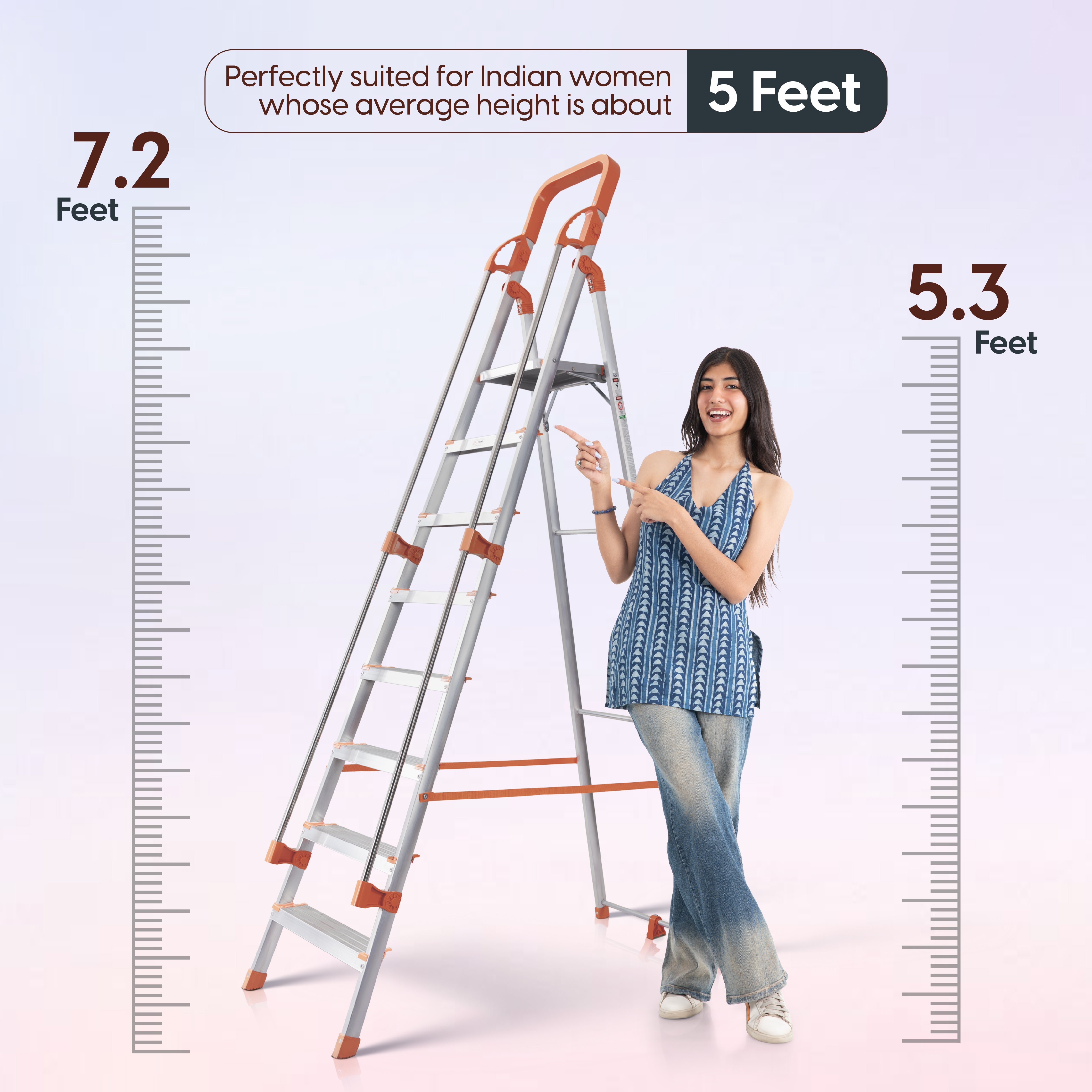 Hand Railing 8 Steps Aluminium Ladder with 5 Anti Slip Shoes (With Platform)
