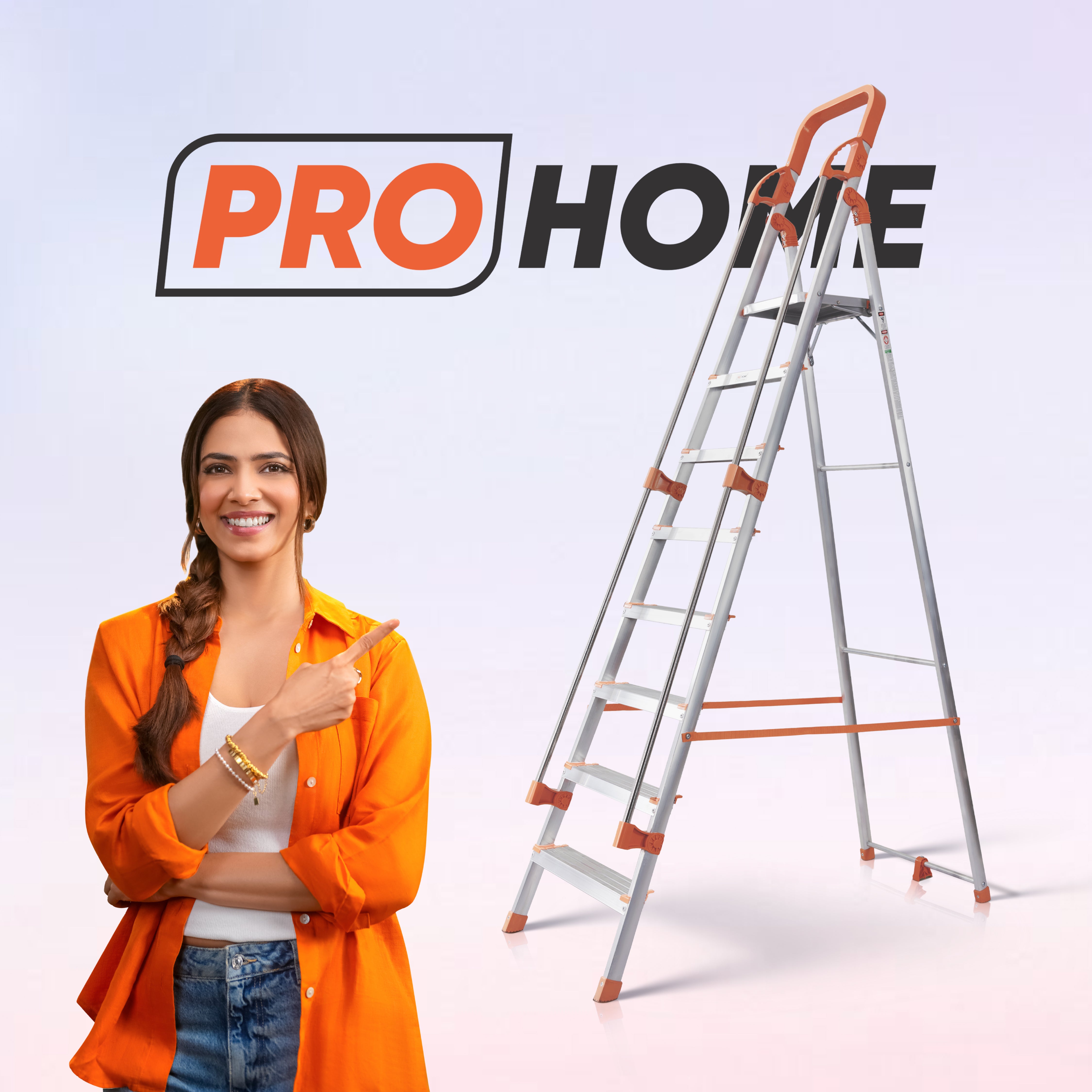 Hand Railing 8 Steps Aluminium Ladder with 5 Anti Slip Shoes (With Platform)
