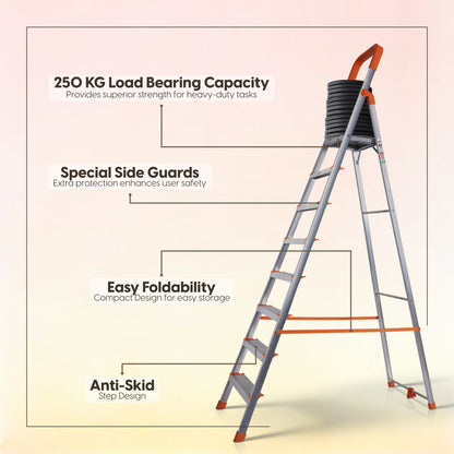 Aqua 8 Step Aluminum Ladder with 5 Anti Slip Shoes (With Platform)