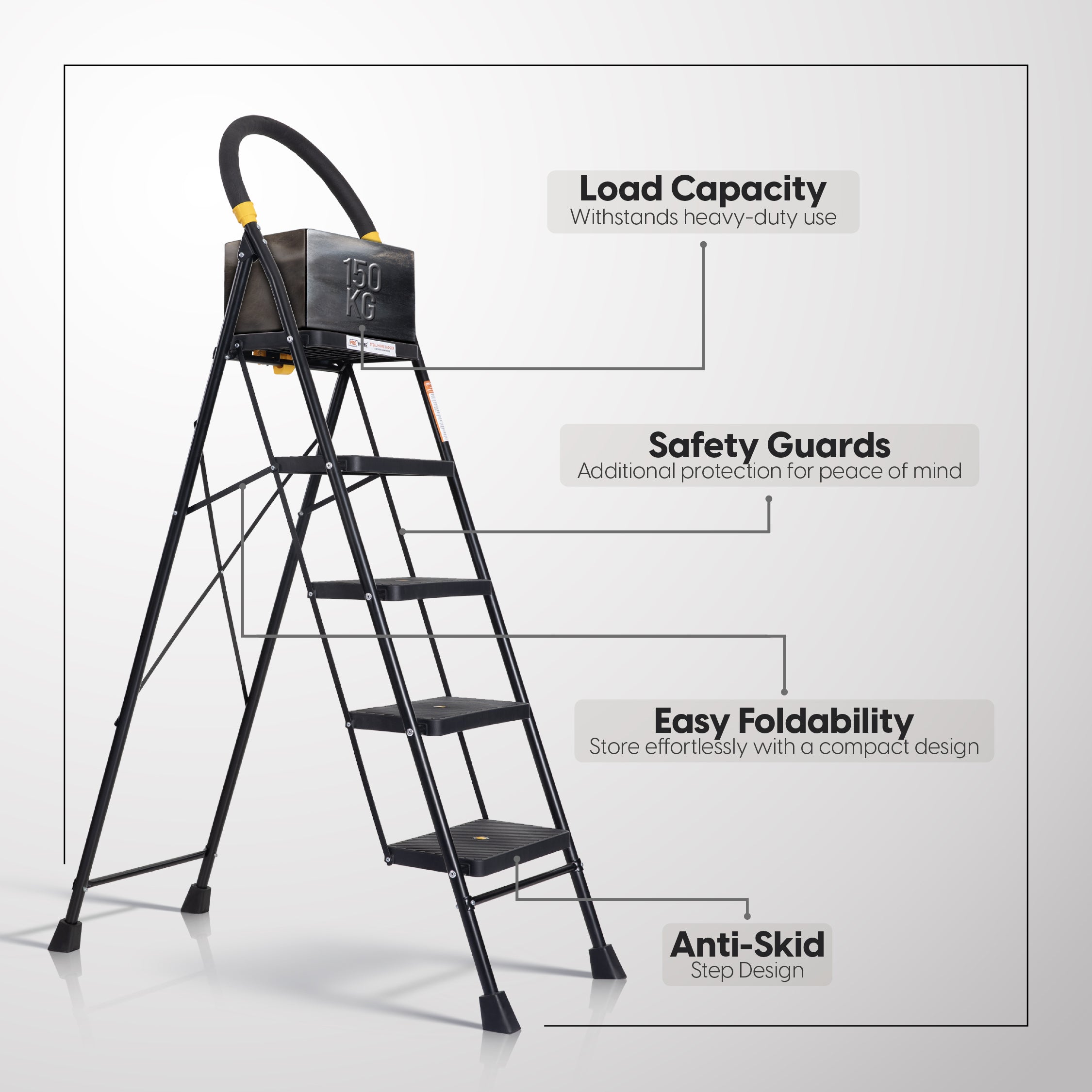 Eco 5 Step Steel Ladder Anti Skid shoes Steel Ladder (Black)