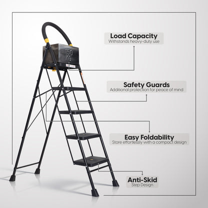 Eco 5 Step Steel Ladder Anti Skid shoes Steel Ladder (Black)