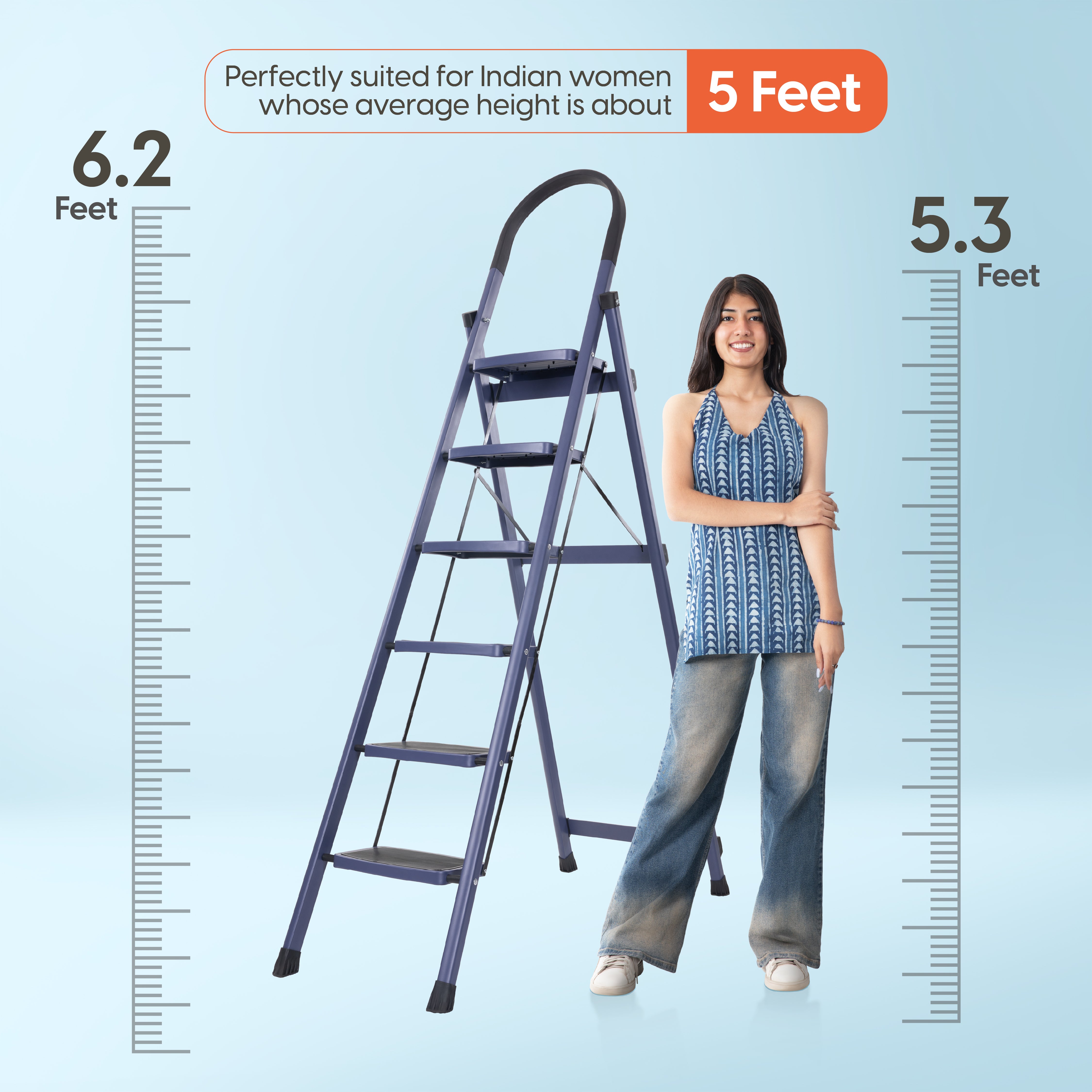 Premium Vetro 6 Step Foldable Steel Ladder (Blue)