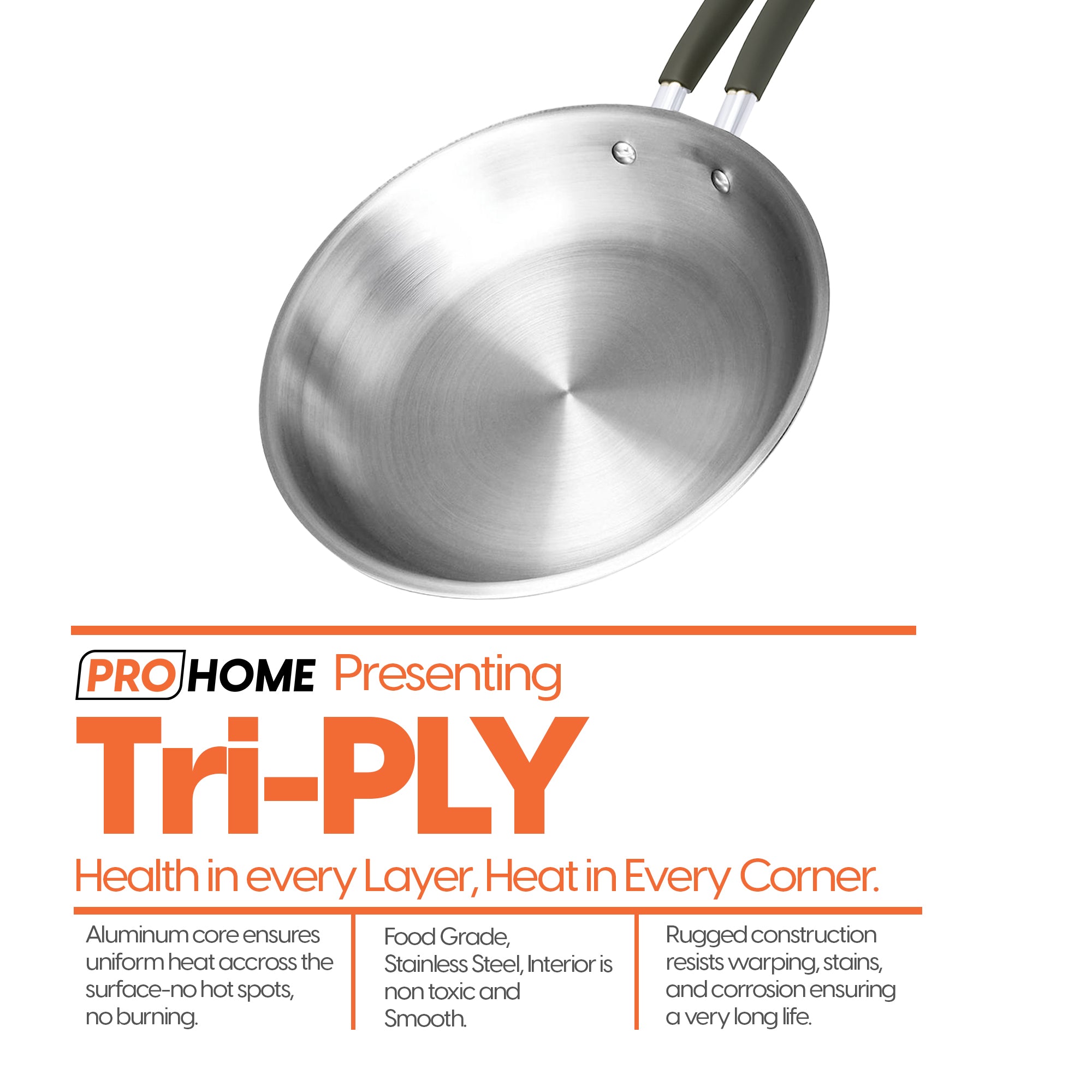 ProHome Spark Triply Stainless Steel Fry Pan 22 cm (1.5 L) – 3 Layer Heavy Duty Induction & Gas Compatible Kadhai Pan