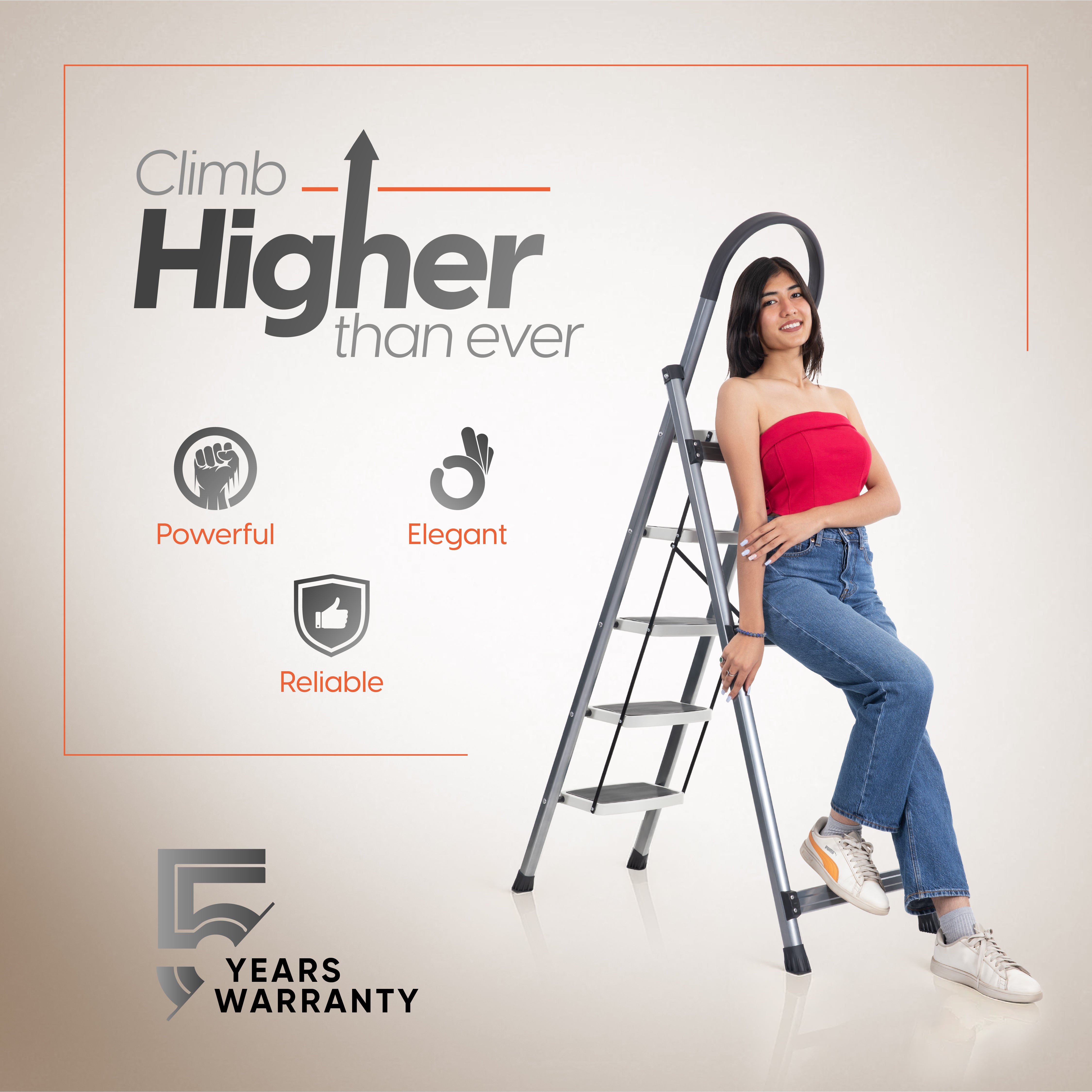 Premium Vetro 5 Step Foldable Steel Ladder (Grey)