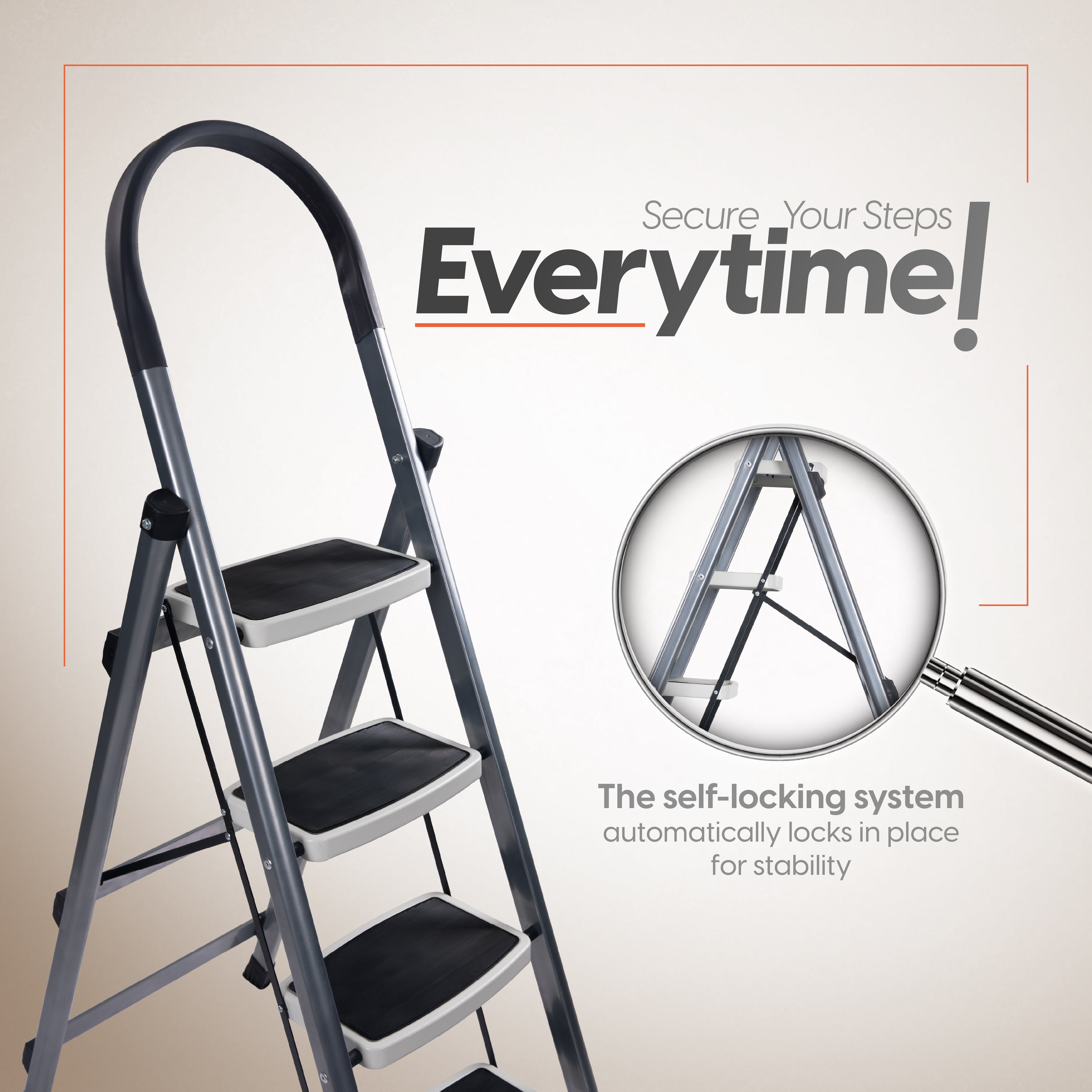 Premium Vetro 5 Step Foldable Steel Ladder (Grey)