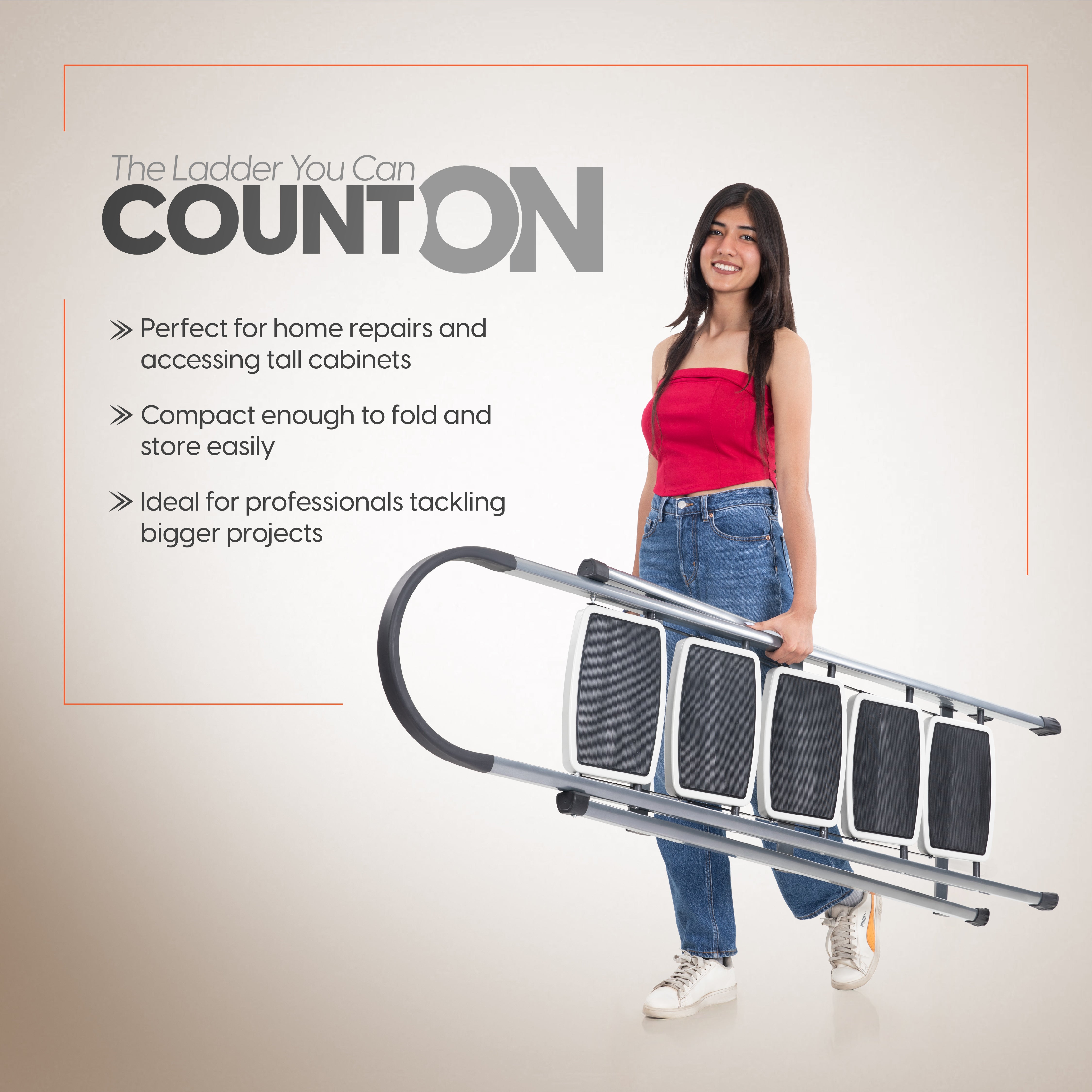 Premium Vetro 5 Step Foldable Steel Ladder (Grey)