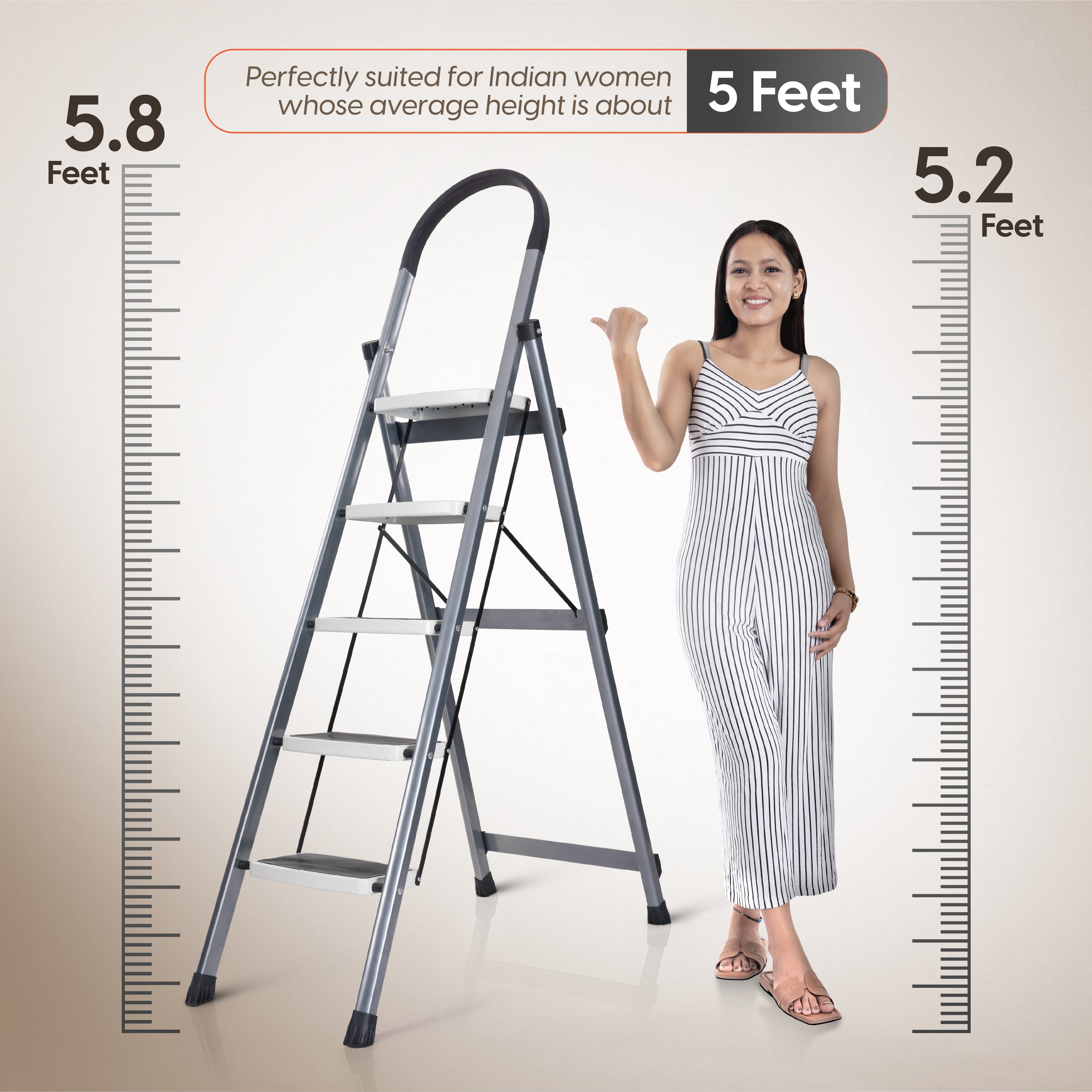 Premium Vetro 5 Step Foldable Steel Ladder (Grey)