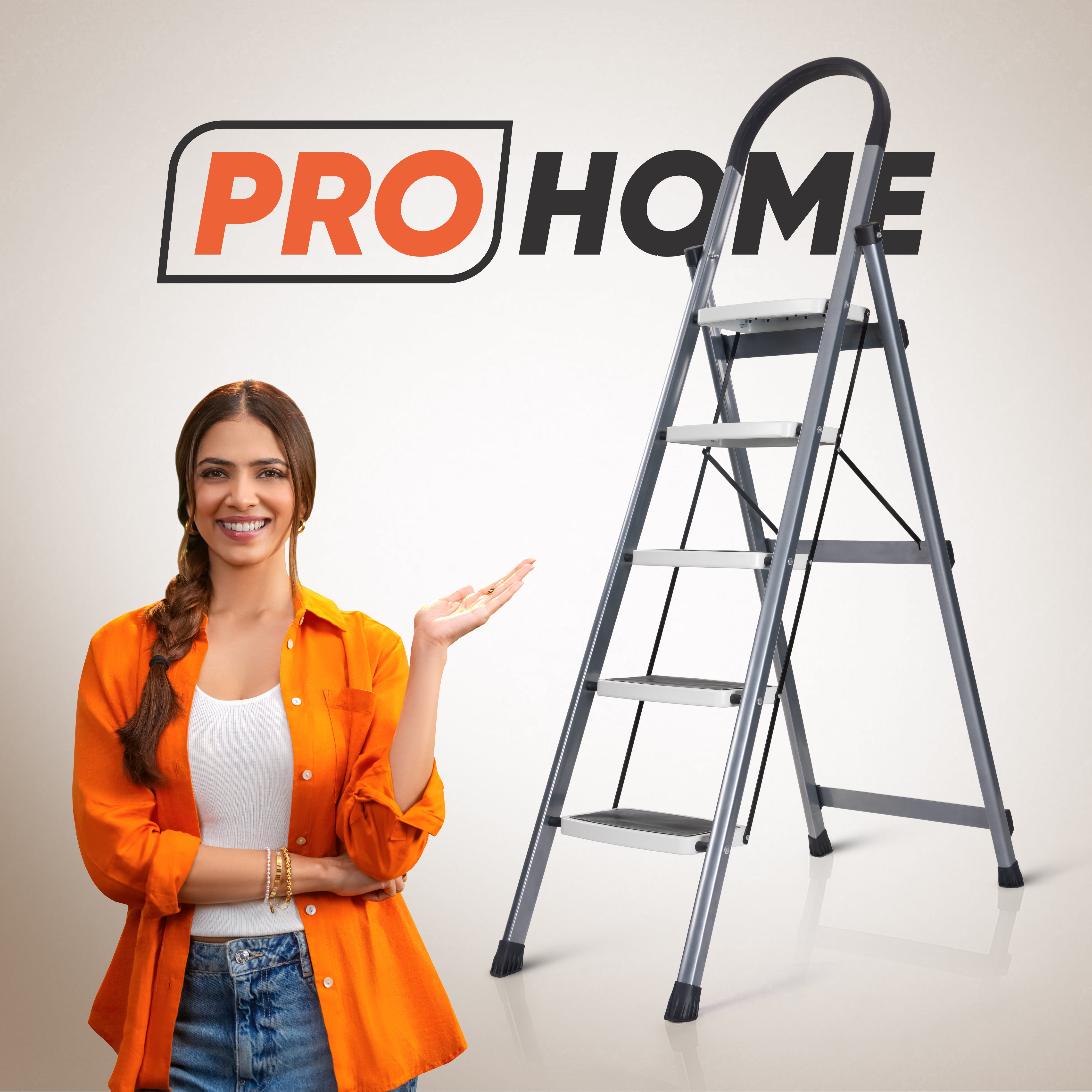 Premium Vetro 5 Step Foldable Steel Ladder (Grey)