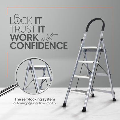 ProHome Premium Vetro 4 Step Foldable Steel Ladder (Grey)