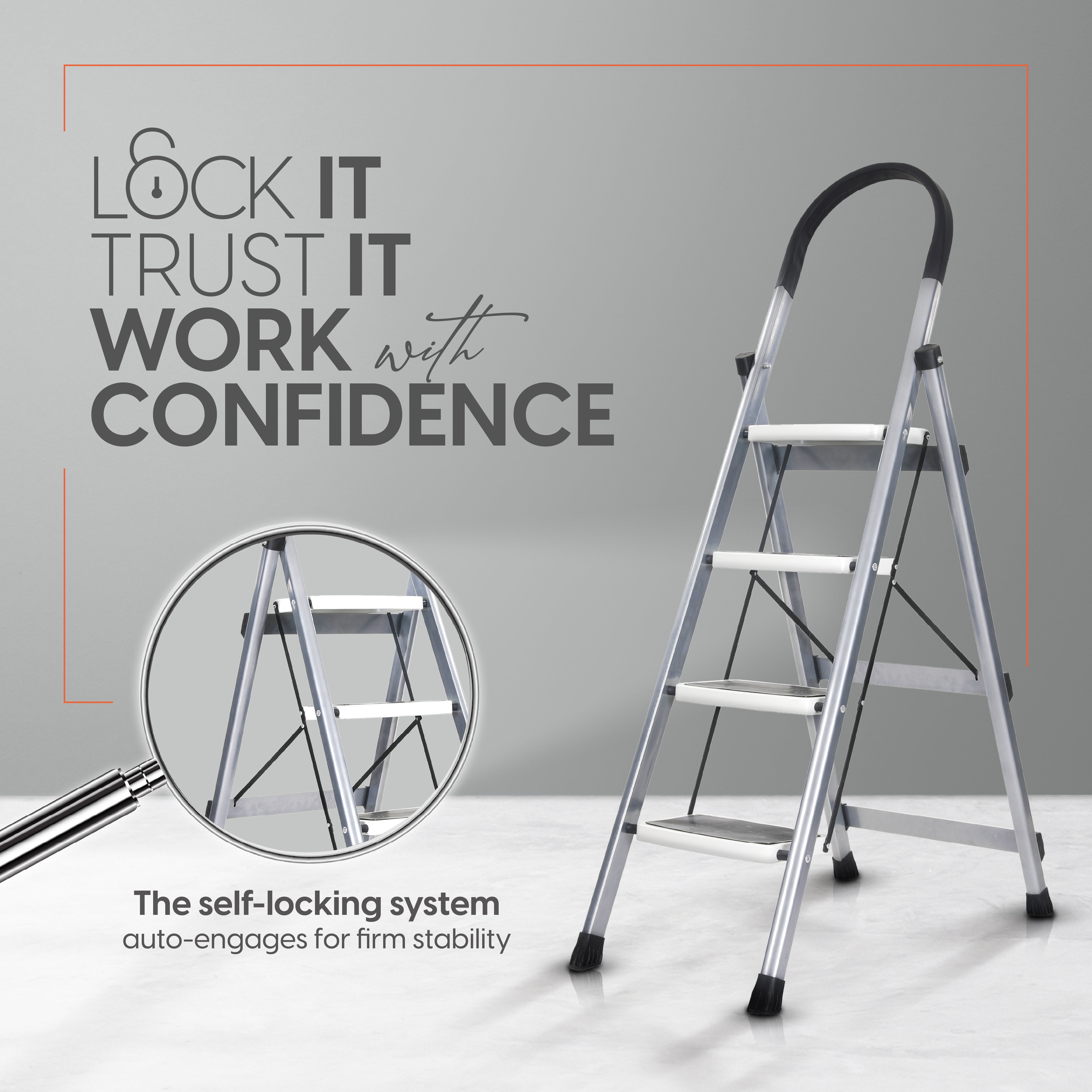 ProHome Premium Vetro 4 Step Foldable Steel Ladder (Grey)