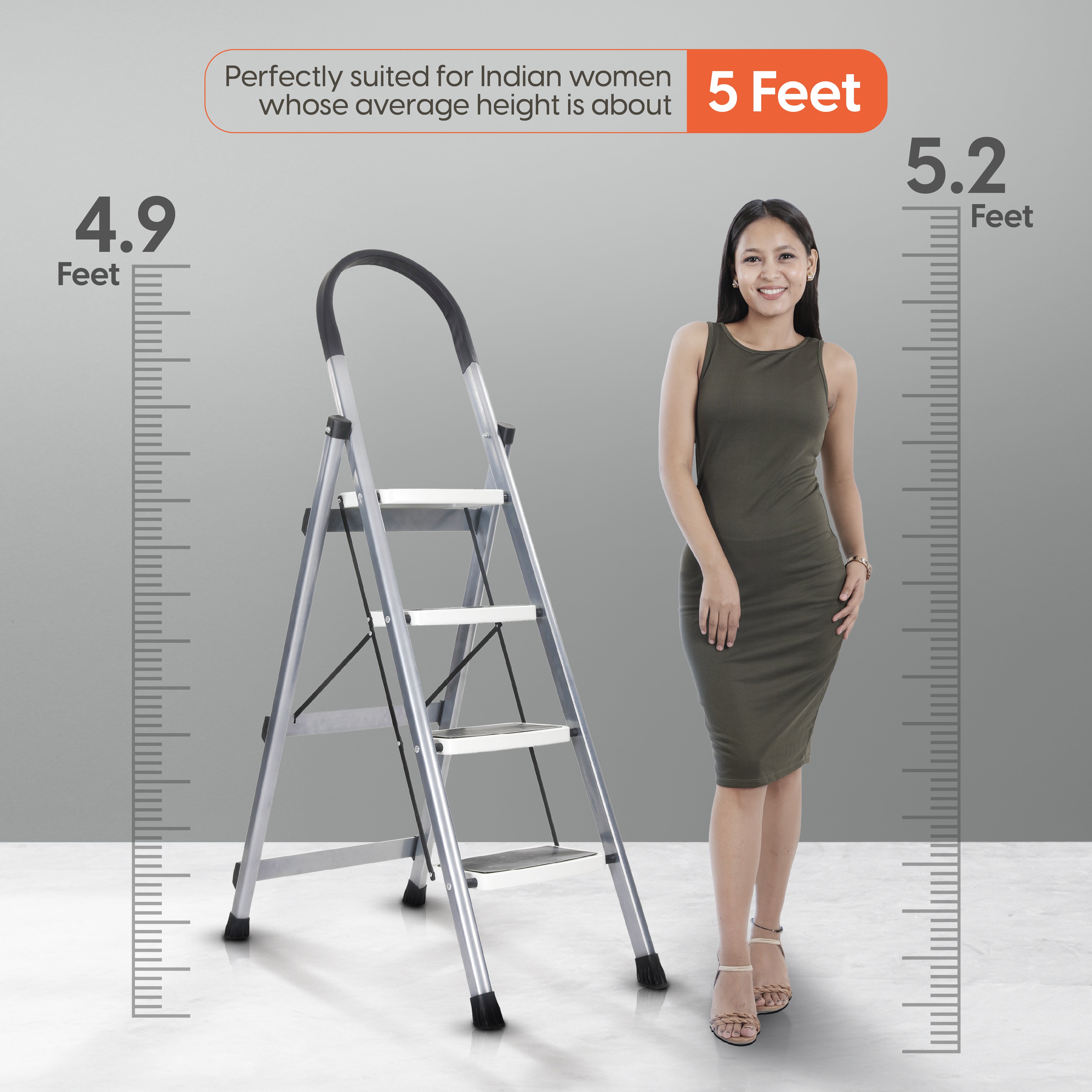 ProHome Premium Vetro 4 Step Foldable Steel Ladder (Grey)