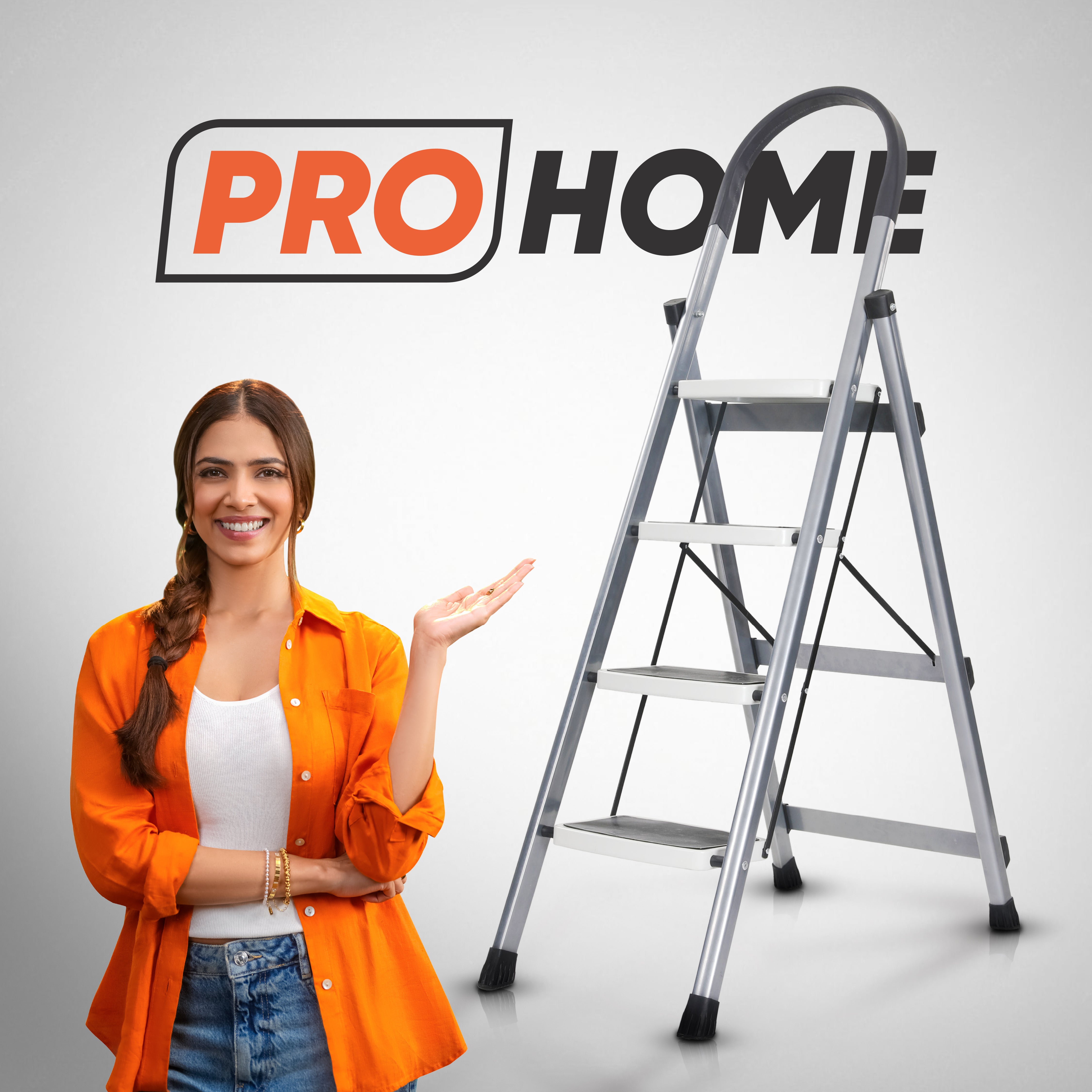ProHome Premium Vetro 4 Step Foldable Steel Ladder (Grey)