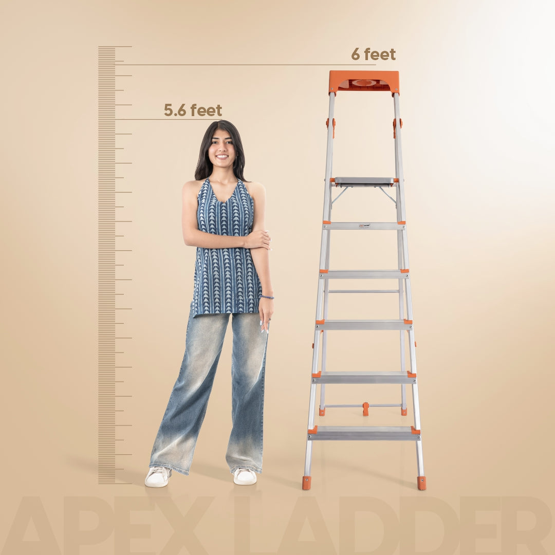 Apex 6 Step Heavy-Duty Foldable Ladder with Tool Tray & 5 Anti-Slip Shoes.