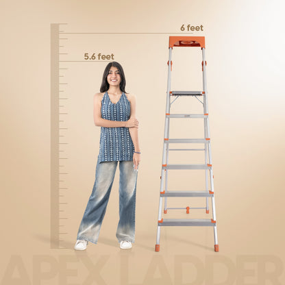 Apex 6 Step Heavy-Duty Foldable Ladder with Tool Tray & 5 Anti-Slip Shoes.