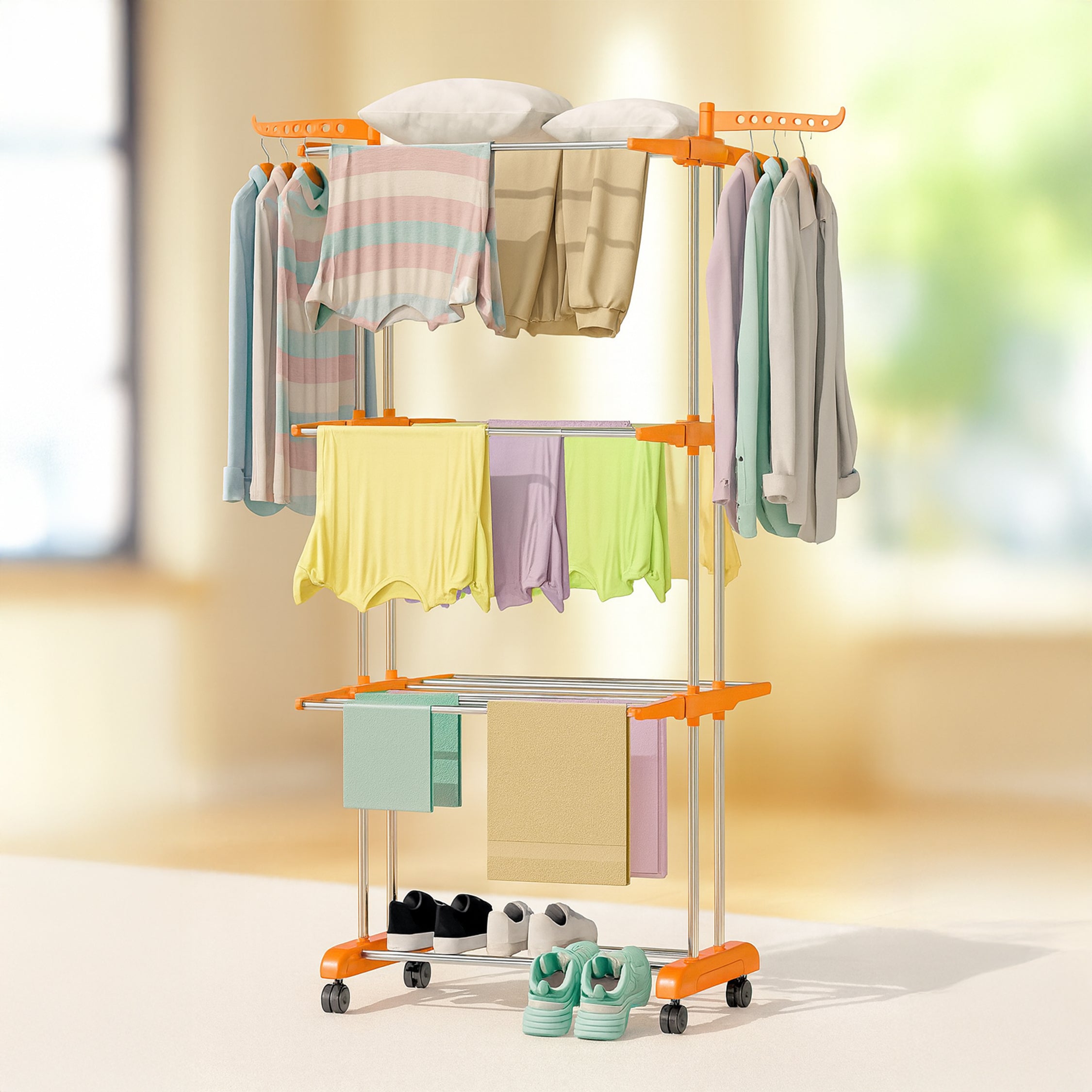 ProHome 3-Tier Steel Floor Cloth Drying Stand with Wheels | Rust-Free Premium Build