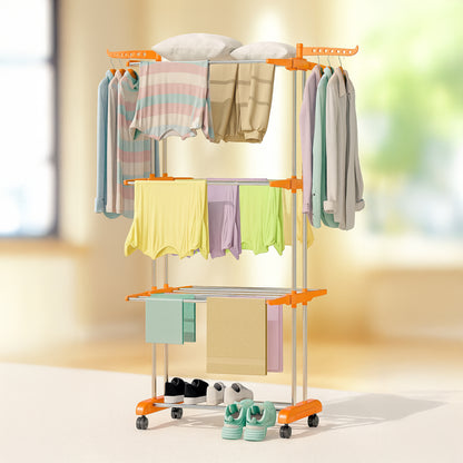 ProHome 3-Tier Steel Floor Cloth Drying Stand with Wheels | Rust-Free Premium Build