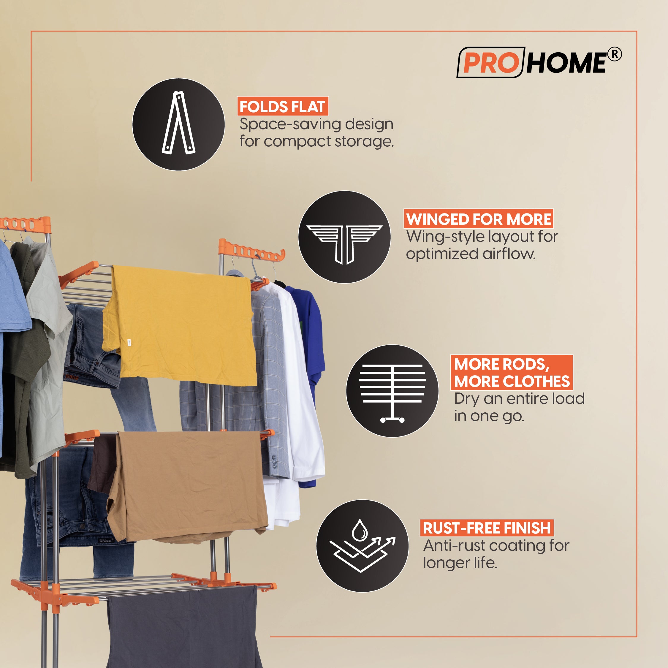 ProHome 3-Tier Steel Floor Cloth Drying Stand with Wheels | Rust-Free Premium Build