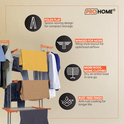 ProHome 3-Tier Steel Floor Cloth Drying Stand with Wheels | Rust-Free Premium Build