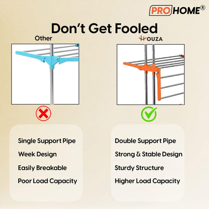 ProHome 3-Tier Steel Floor Cloth Drying Stand with Wheels | Rust-Free Premium Build