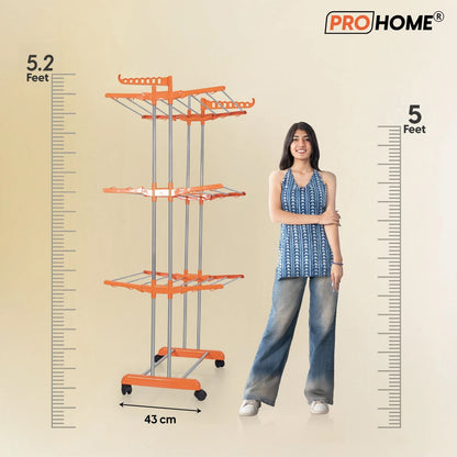 ProHome 3-Tier Steel Floor Cloth Drying Stand with Wheels | Rust-Free Premium Build
